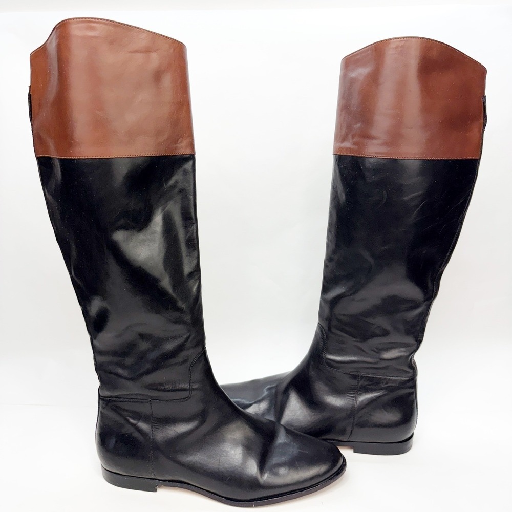 Womens Two Tone Black and Brown Leather Tall Riding Boots Side Zip Low Heel - Picture 7 of 12